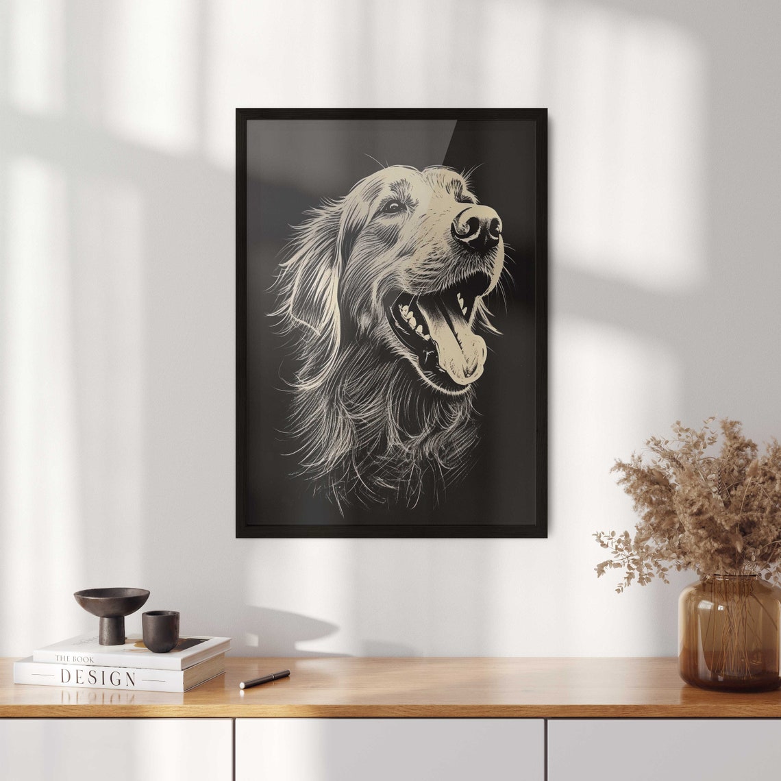 Golden Retriever Line Drawing on Black Background Dog Poster - Image 2