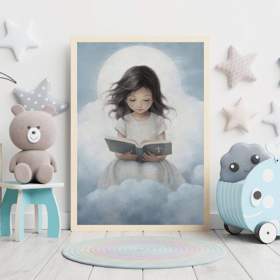 Little Girl Reading Her Bible On Clouds Faith Nursery Poster - Image 2