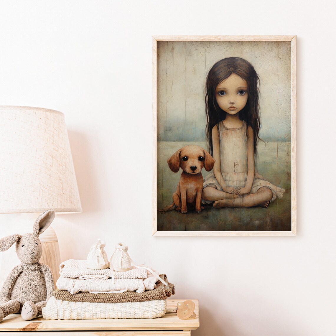 Little Girl With a Golden Puppy Vintage Rustic Kids Room Poster - Image 2