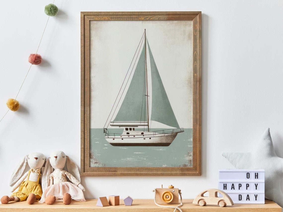 Vintage Sailboat With Sage Green Sails Minimalist Nautical Poster