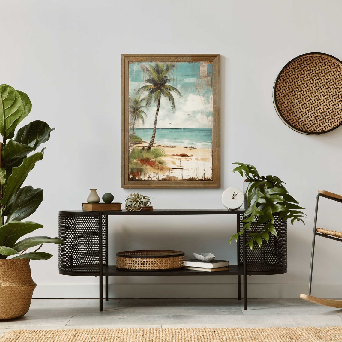 Vintage Tropical Beach With Palm Tree Distressed Coastal Wall Poster - Image 3