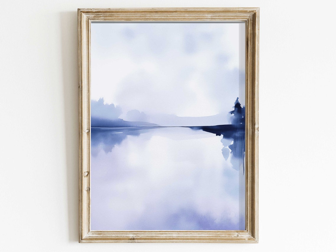 Abstract Blue Watercolor Lake Reflection Modern Minimalist Poster