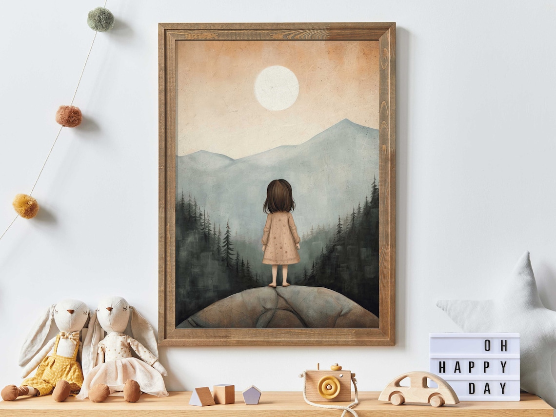 Little Girl On Rock Gazing At Moonlit Mountain Valley Vintage Art Print