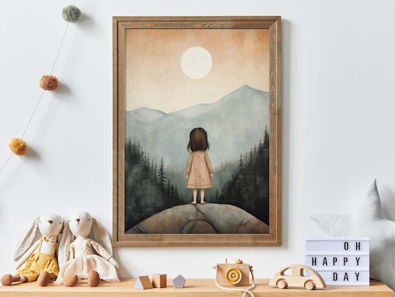 Little Girl On Rock Gazing At Moonlit Mountain Valley Vintage Art Print