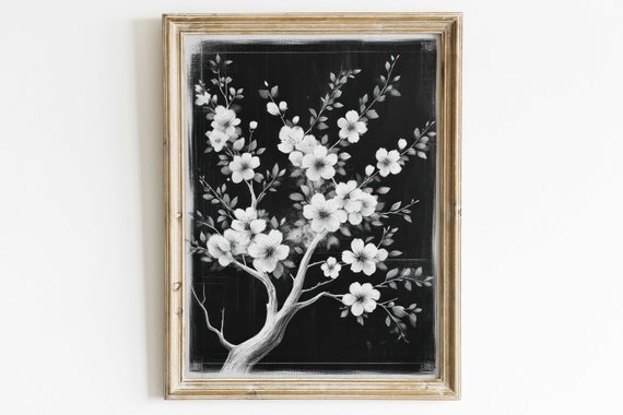 Apple Tree Print Apple Branch Painting Apple Tree Flowers Apple Blossom Black Floral Art Black White Floral Print Art