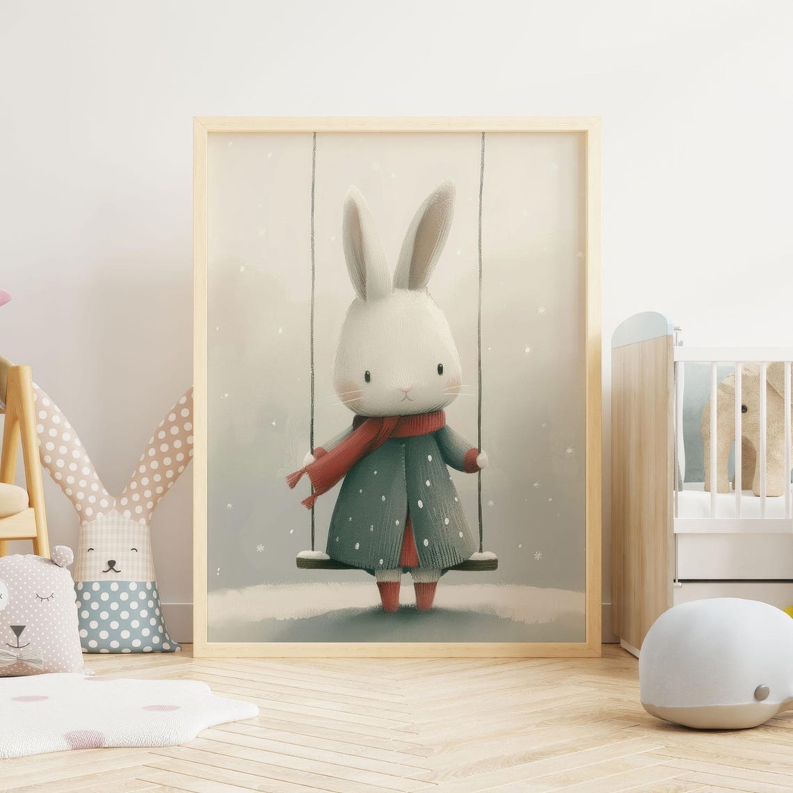 White Bunny In Coat And Red Scarf On Swing Winter Nursery Poster - Image 2