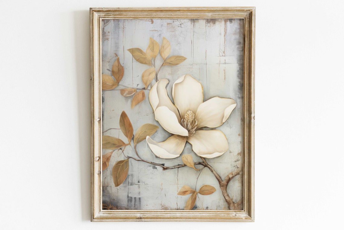 White Magnolia Blossom on Distressed Gray Farmhouse Wood Poster