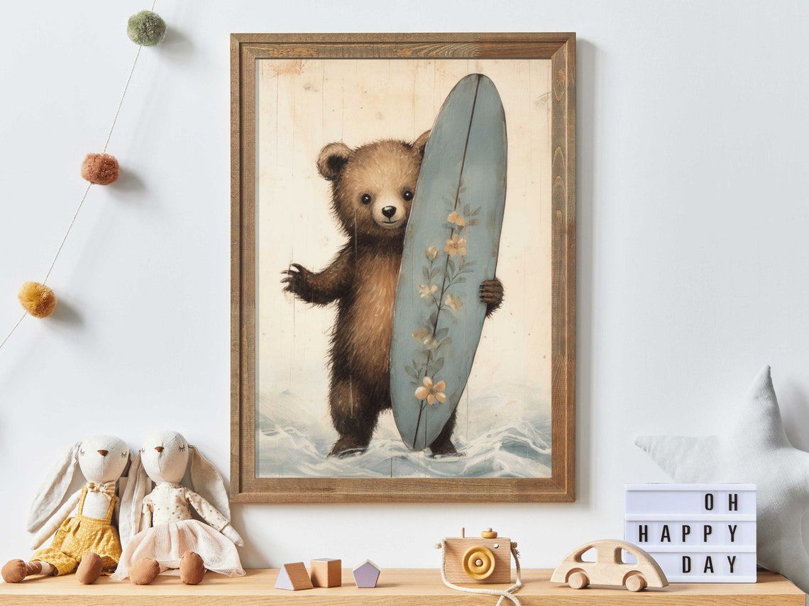 Cute Surfer Bear Cub Holding a Floral Painted Surfboard Poster