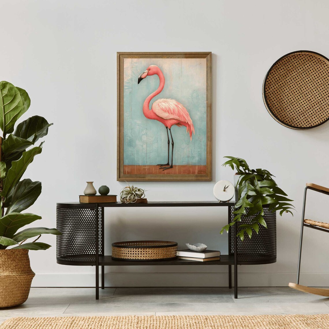 Elegant Pink Flamingo Illustration On Vintage Aqua Blue Poster - Image 2