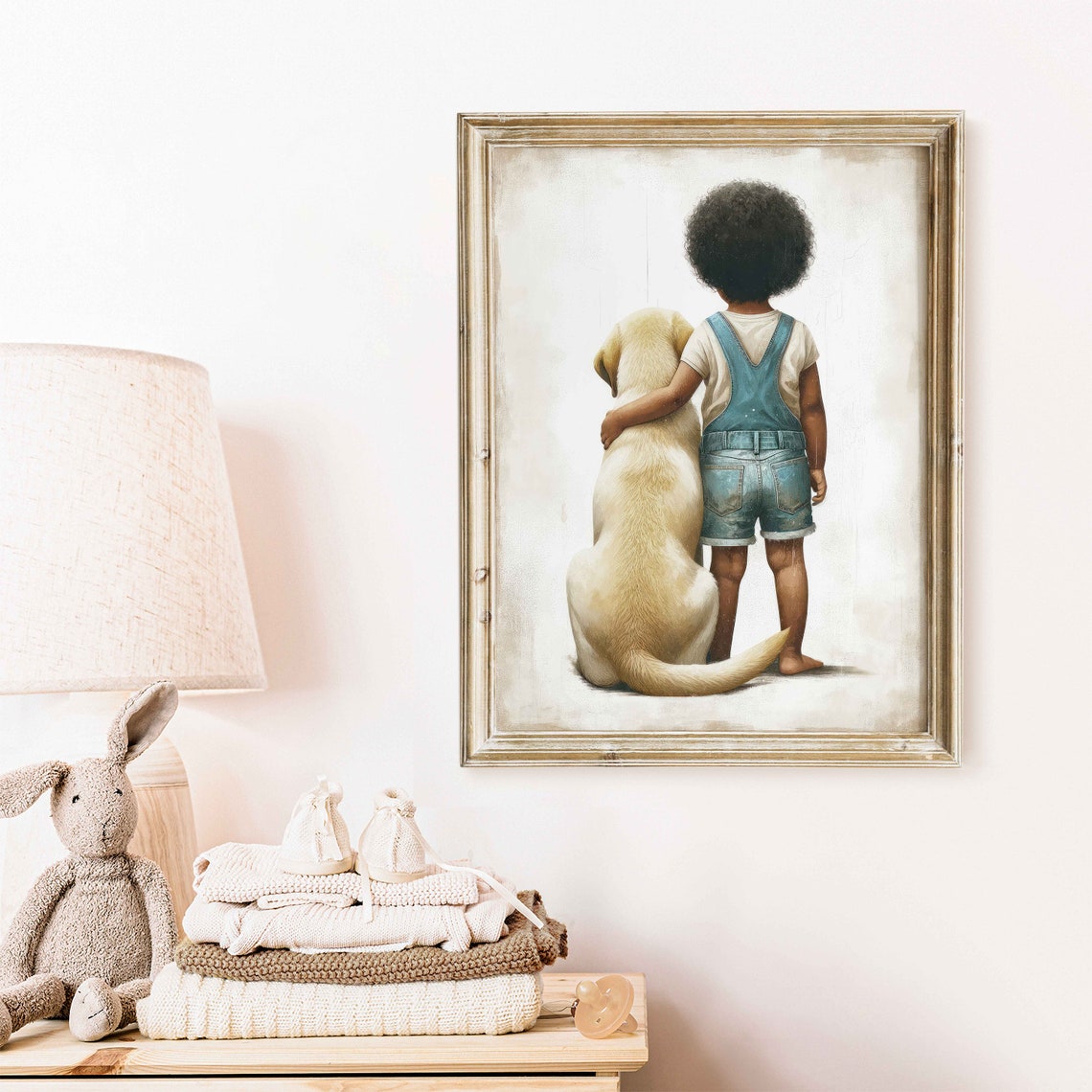 Little Boy in Overalls Hugging Yellow Labrador Nursery Poster - Image 2
