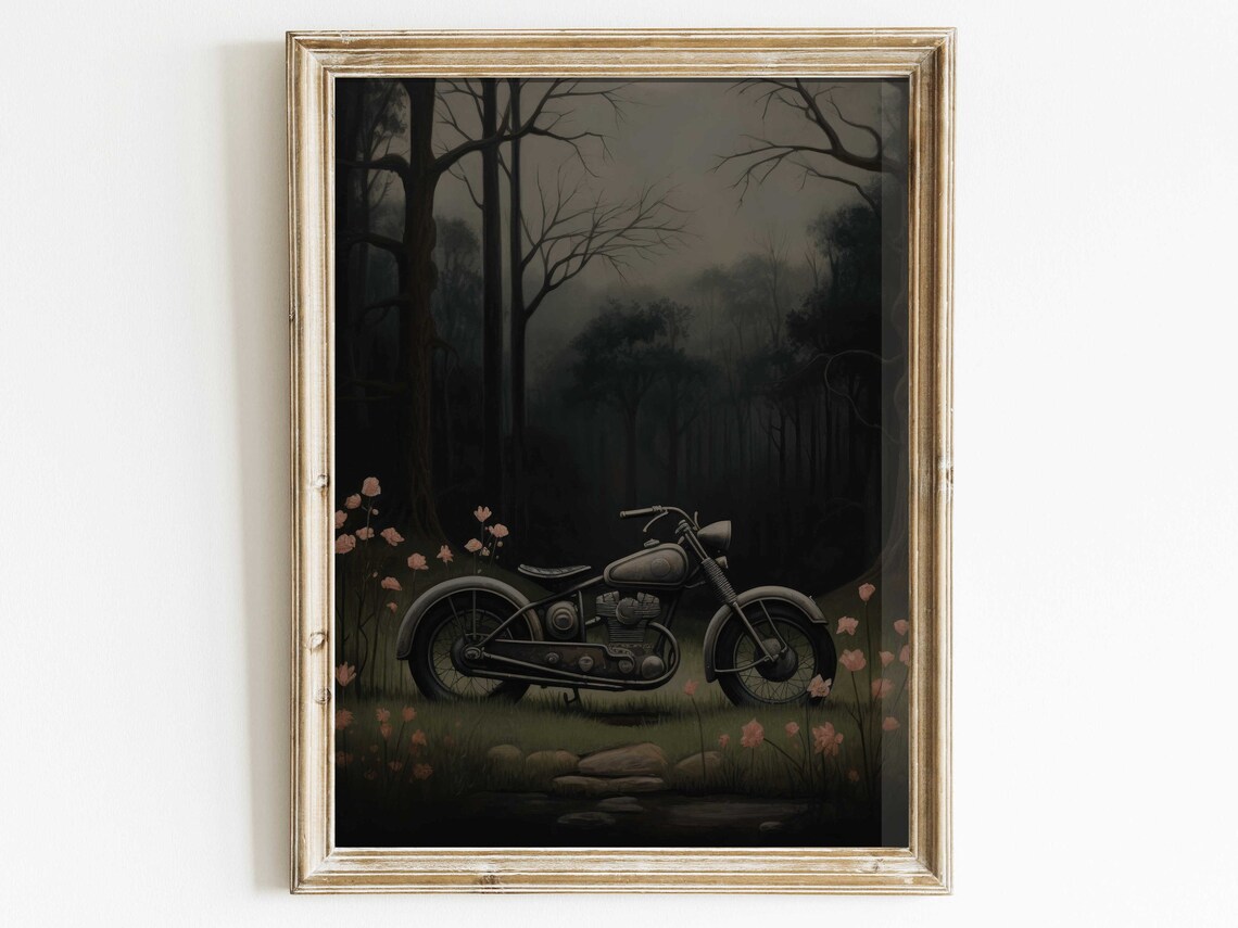 Vintage Motorcycle In Dark Forest With Pink Flowers Moody Art Poster