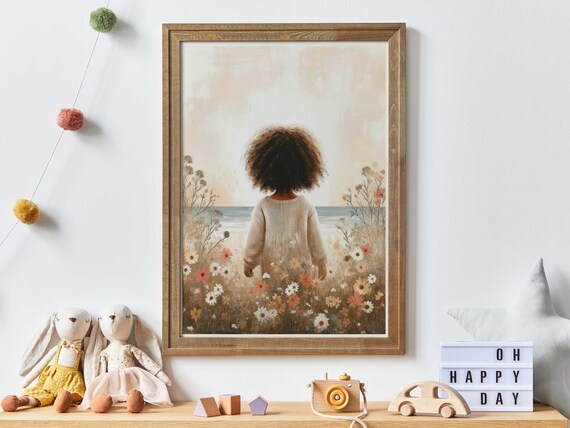 Little Girl in a Wildflower Field Gazing Toward the Beach Poster