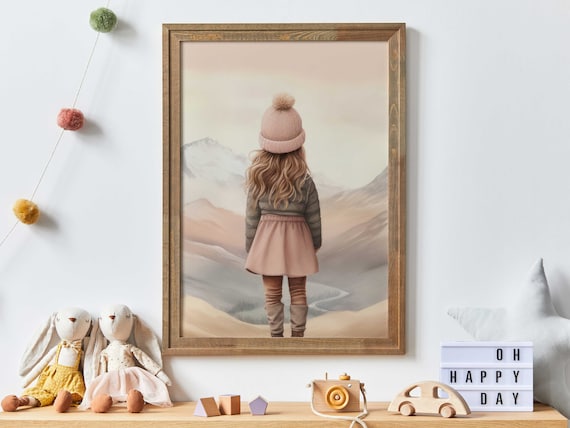 Little Girl With Pink Hat Gazing at Mountains Adventure Art Print