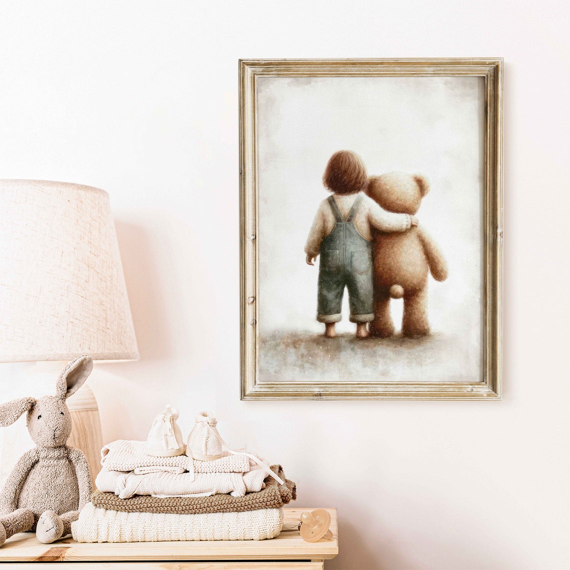 Little Boy Hugging Teddy Bear From Behind Sweet Nursery Art Poster - Image 2