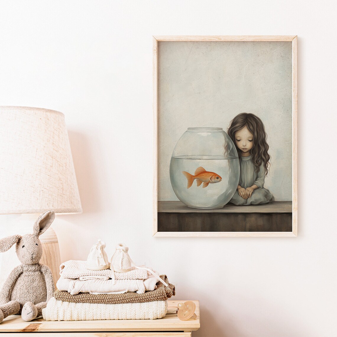 Little Girl with a Goldfish Bowl Tender Watercolor Nursery Wall Poster - Image 2
