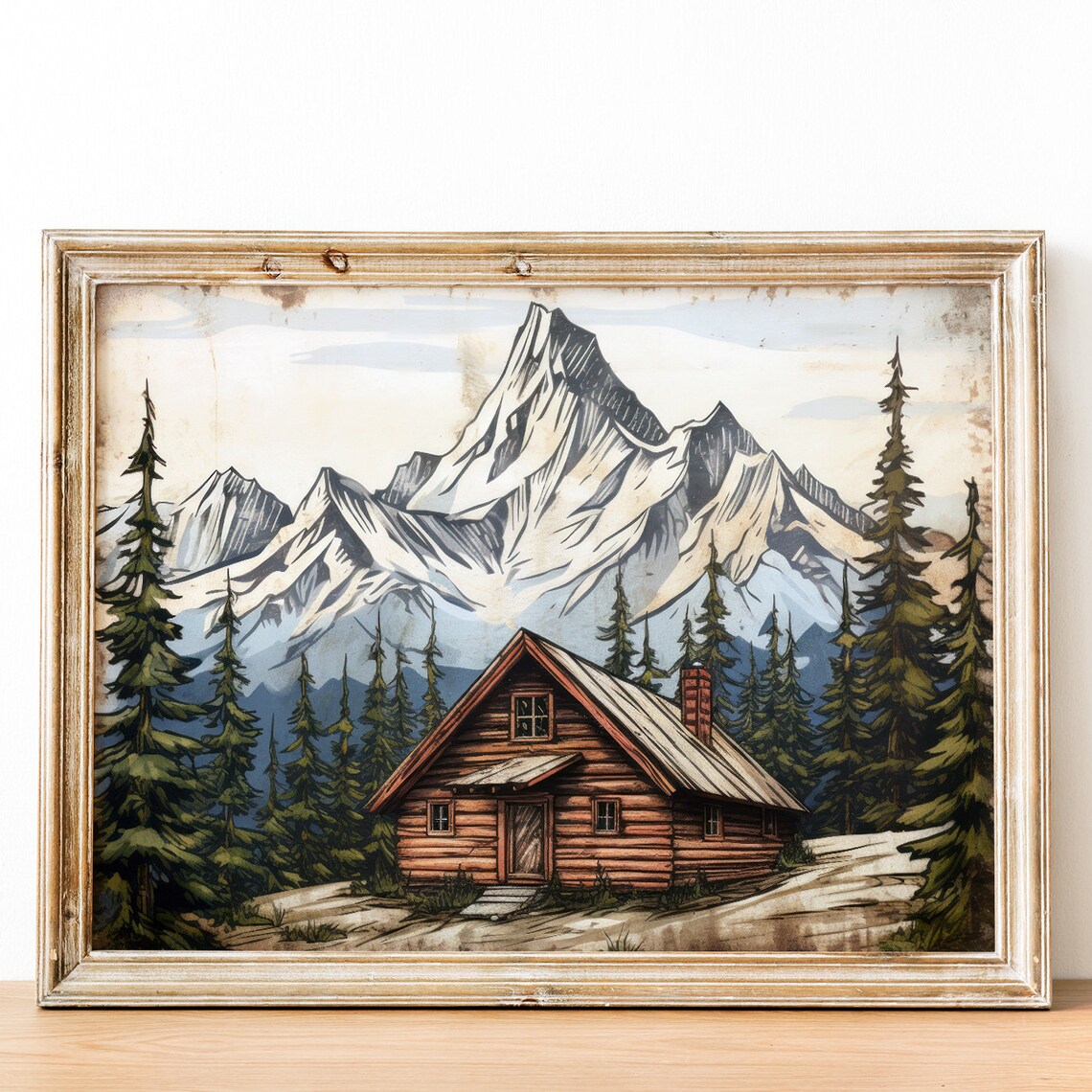 Vintage Mountain Log Cabin Poster Rustic Wooden Home Among Snowy Peaks - Image 3