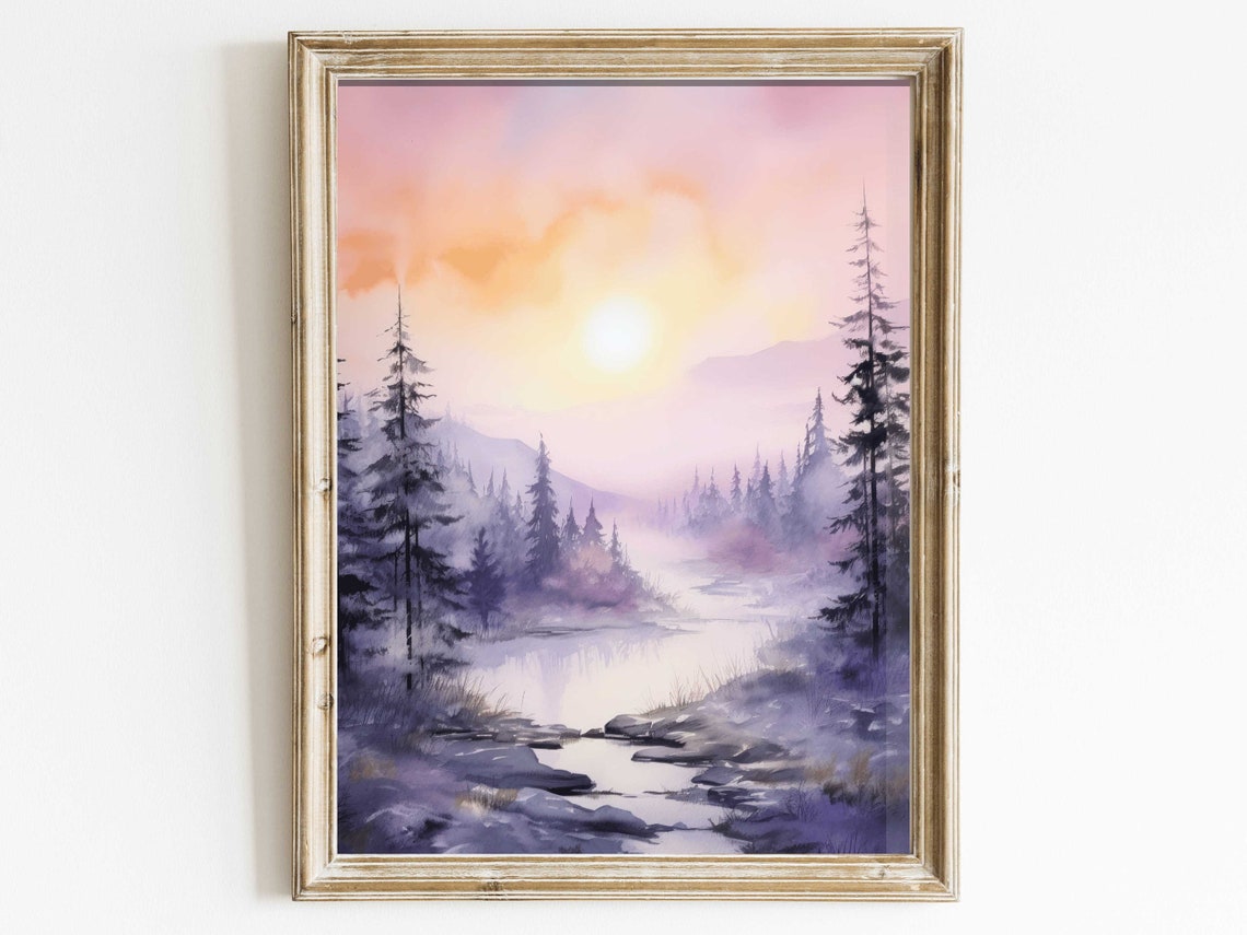 Lavender Sunset Over a Misty Forest Stream Watercolor Poster