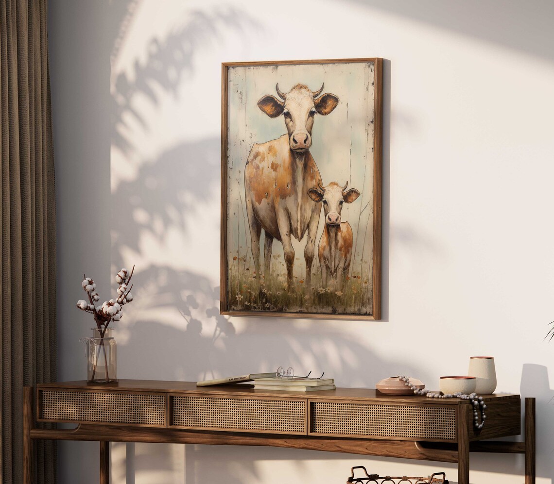 Mother Cow and Calf in a Wildflower Meadow Vintage Farm Wall Art - Image 2