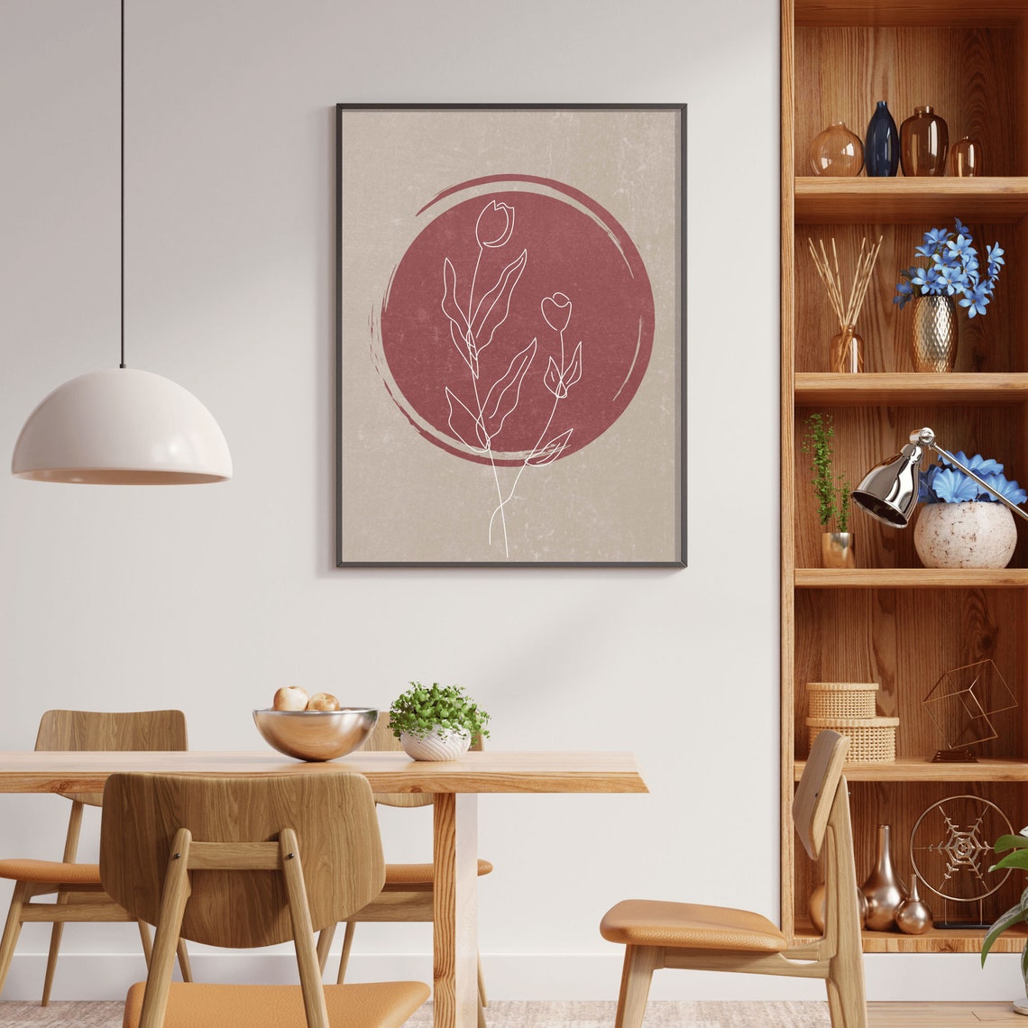 Boho One Line Botanical Flowers in Beige Vase Minimalist Poster - Image 2