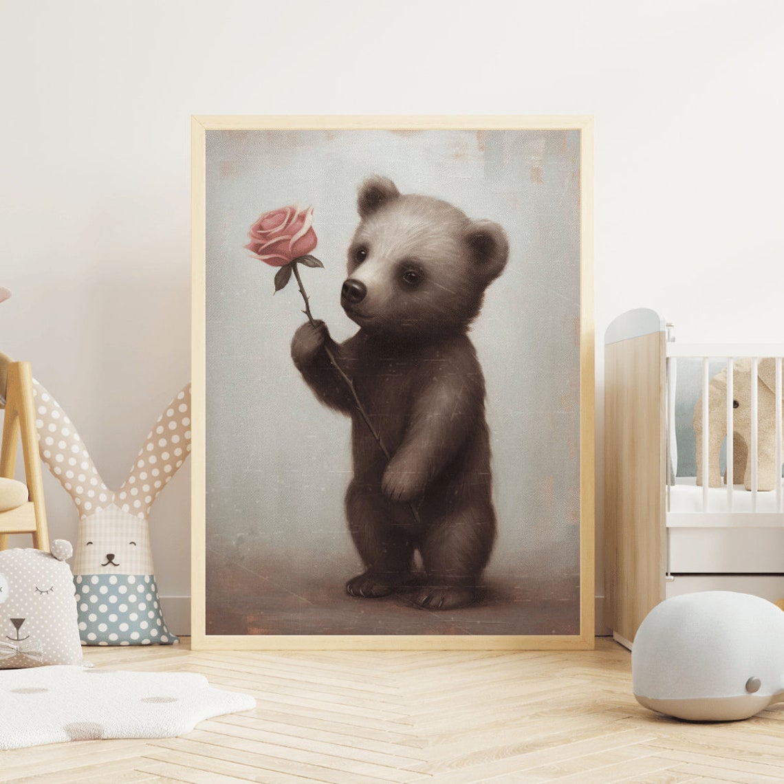 Baby Bear Cub Holding a Pink Rose Vintage Nursery Decor Wall Art - Image 2