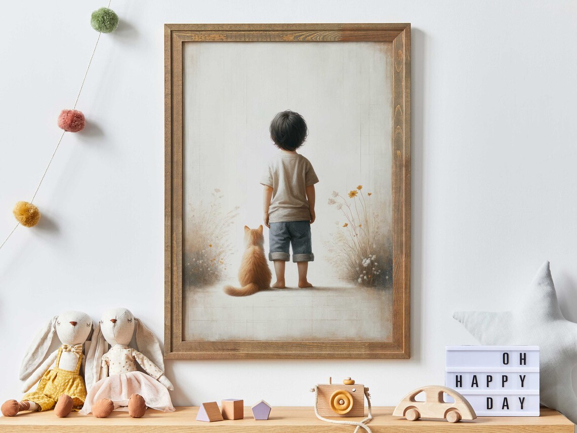 Boy Cat Print, Floral Nursery Decor Art Print