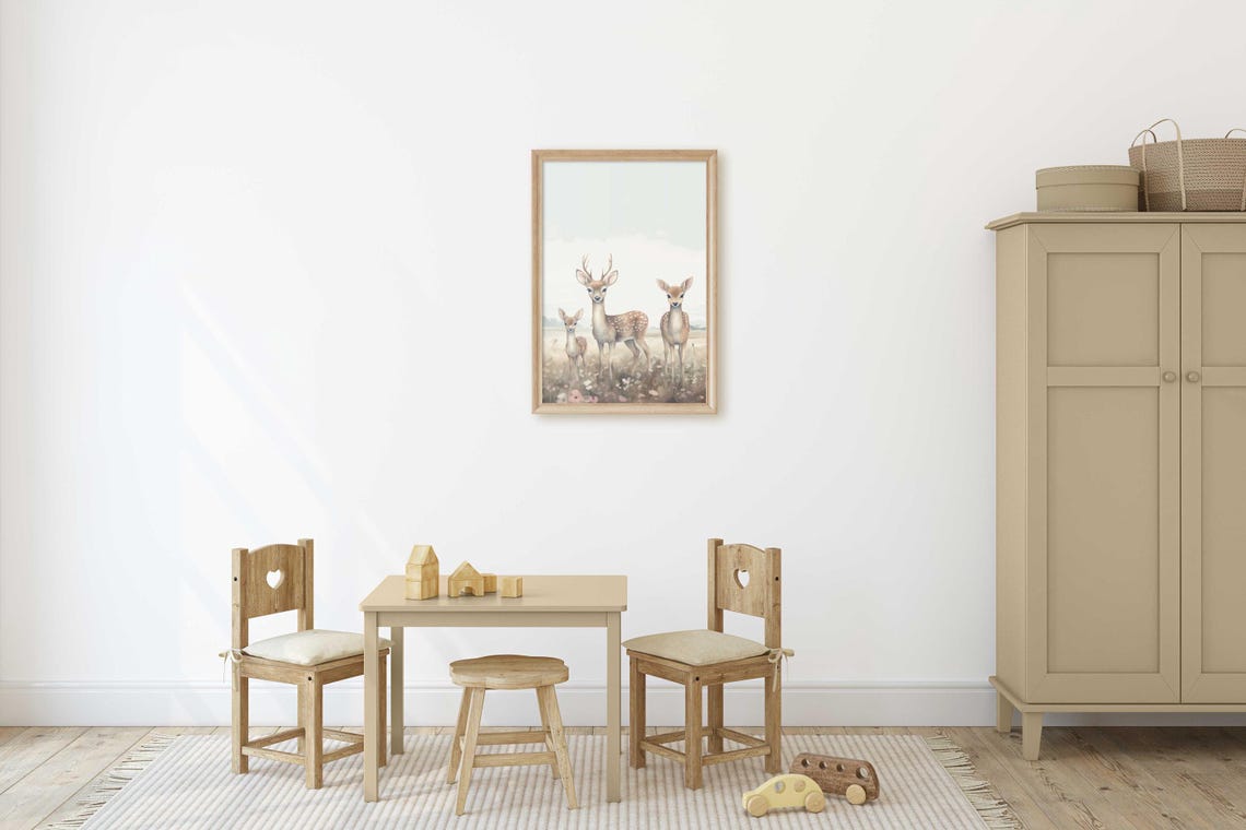 Deer Family Print Deer Nursery Decor Forest Animal Family Portrait Buck Painting Deer Wall Art Wildflower Field Art Girl Art - Image 2