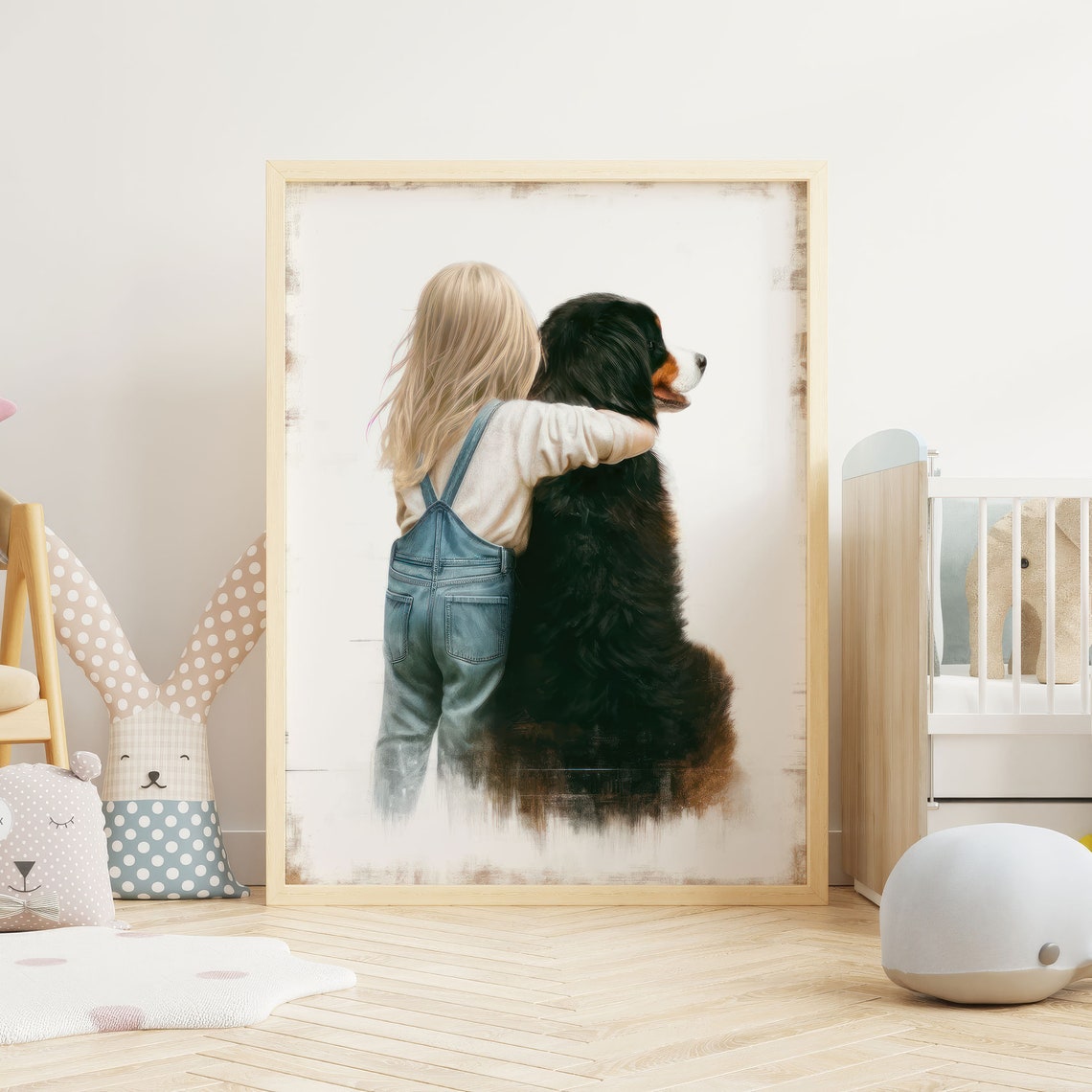 Blonde Toddler Hugging Bernese Mountain Dog Nursery Art Print - Image 2
