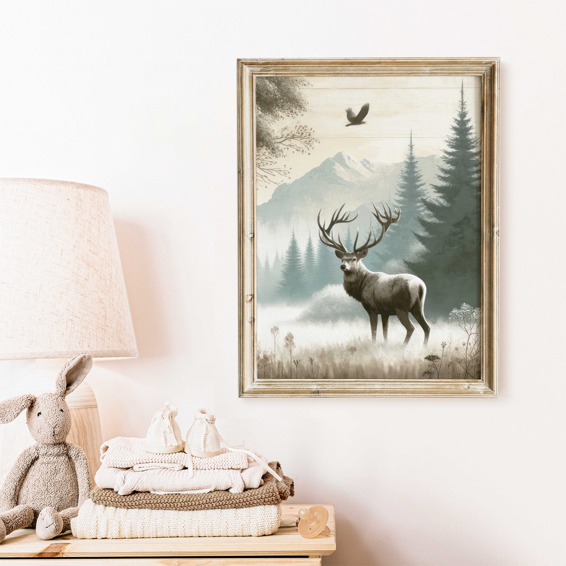Stag Standing In Misty Mountain Meadow With Pine Forest Poster Art - Image 2