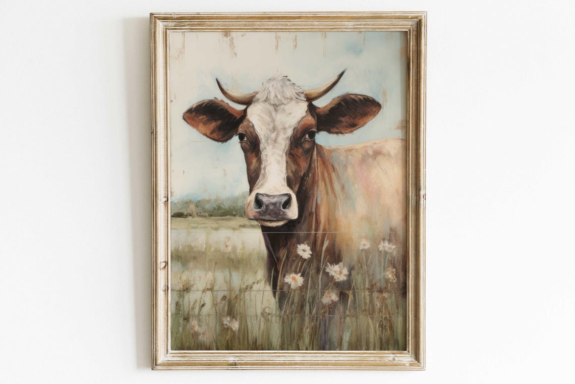 Vintage Cow Portrait Whimsical Cow Wall Art Cattle Art Farmhouse Decor Farm Animal Art Print Bull Painting Farm Theme Art