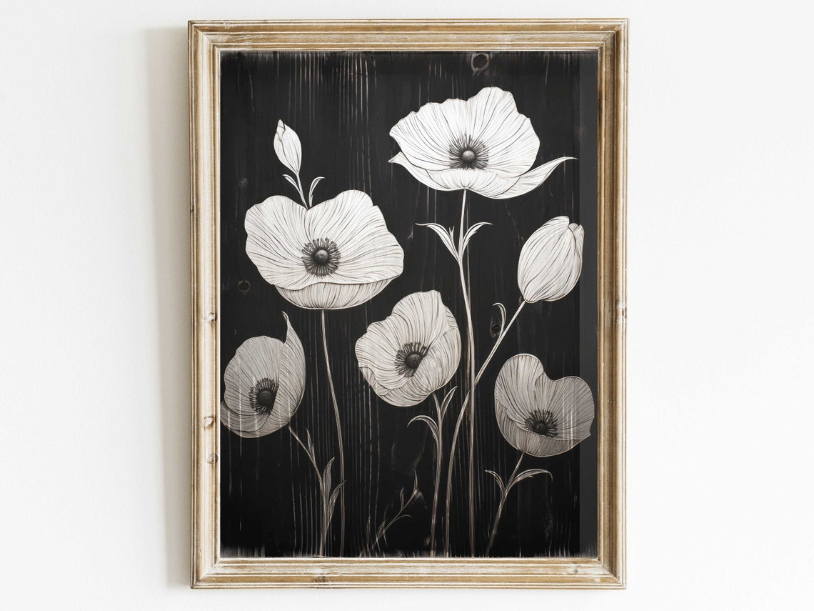 White Poppy Flowers On A Black Background Bold Floral Wall Art