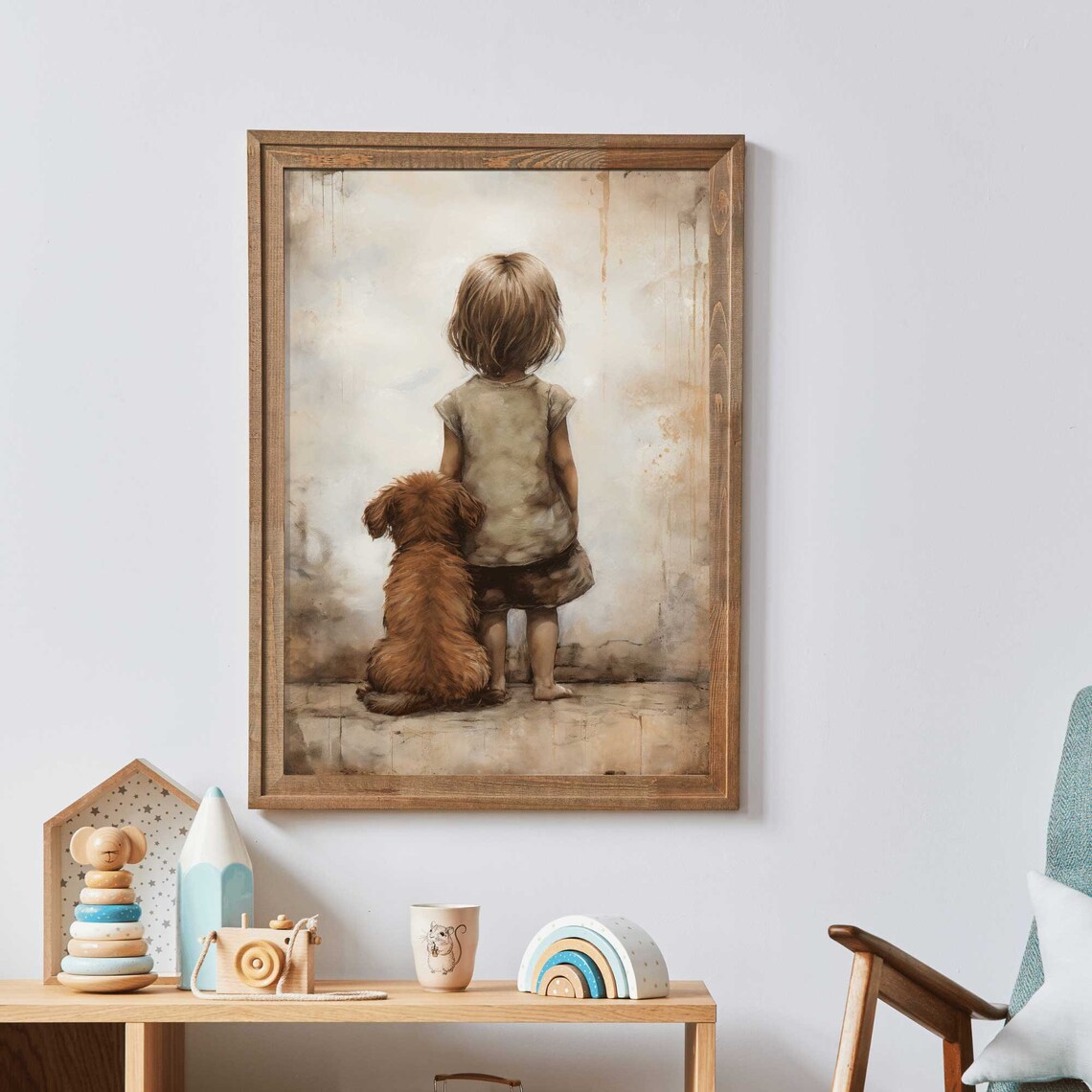 Little Girl And Dog Looking Up Together Vintage Nursery Wall Poster - Image 3