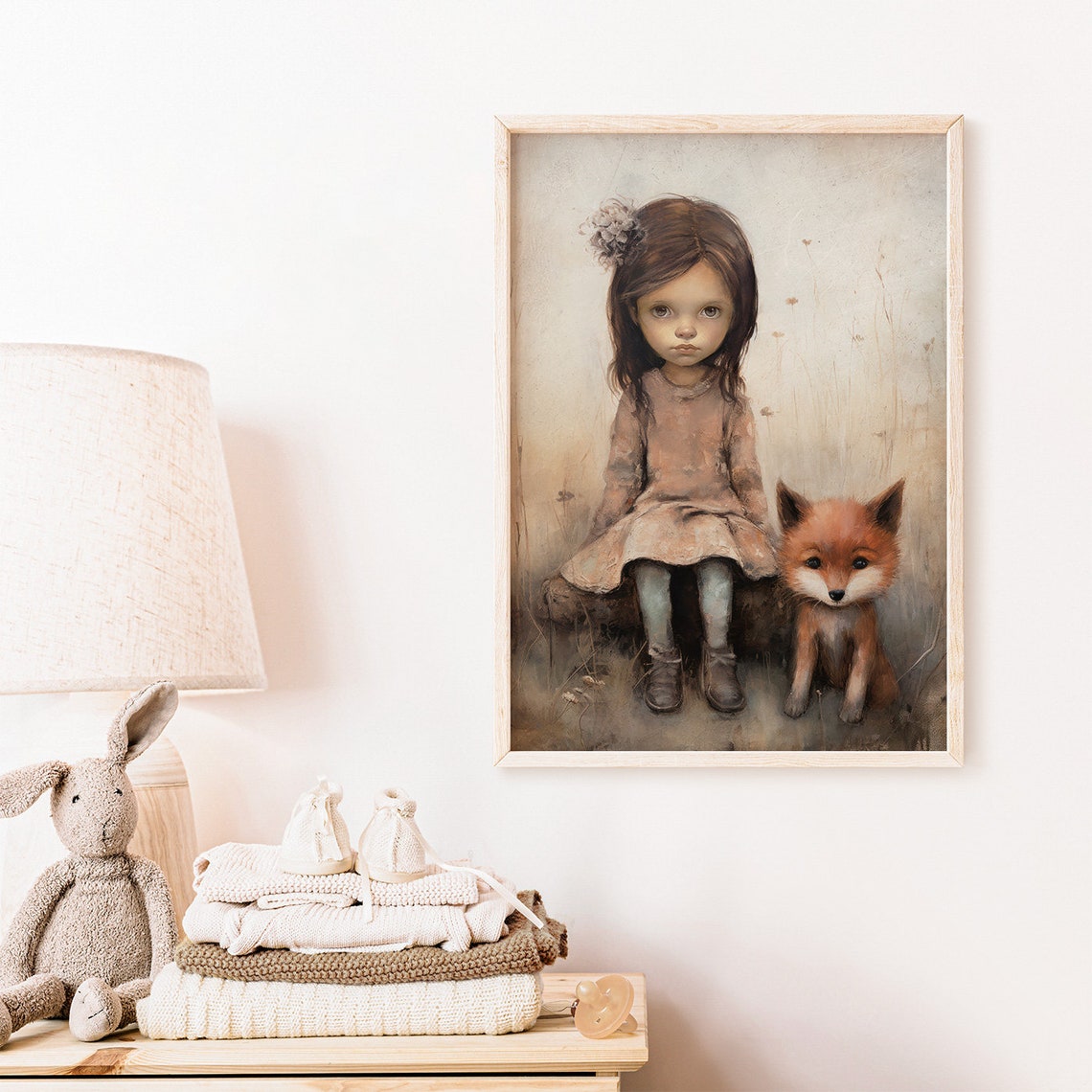 Little Girl Sitting Beside a Red Fox in a Soft Forest Scene Poster - Image 2