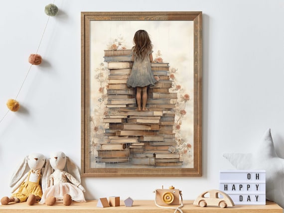Girl Standing on Stack of Books Vintage Watercolor Nursery Poster