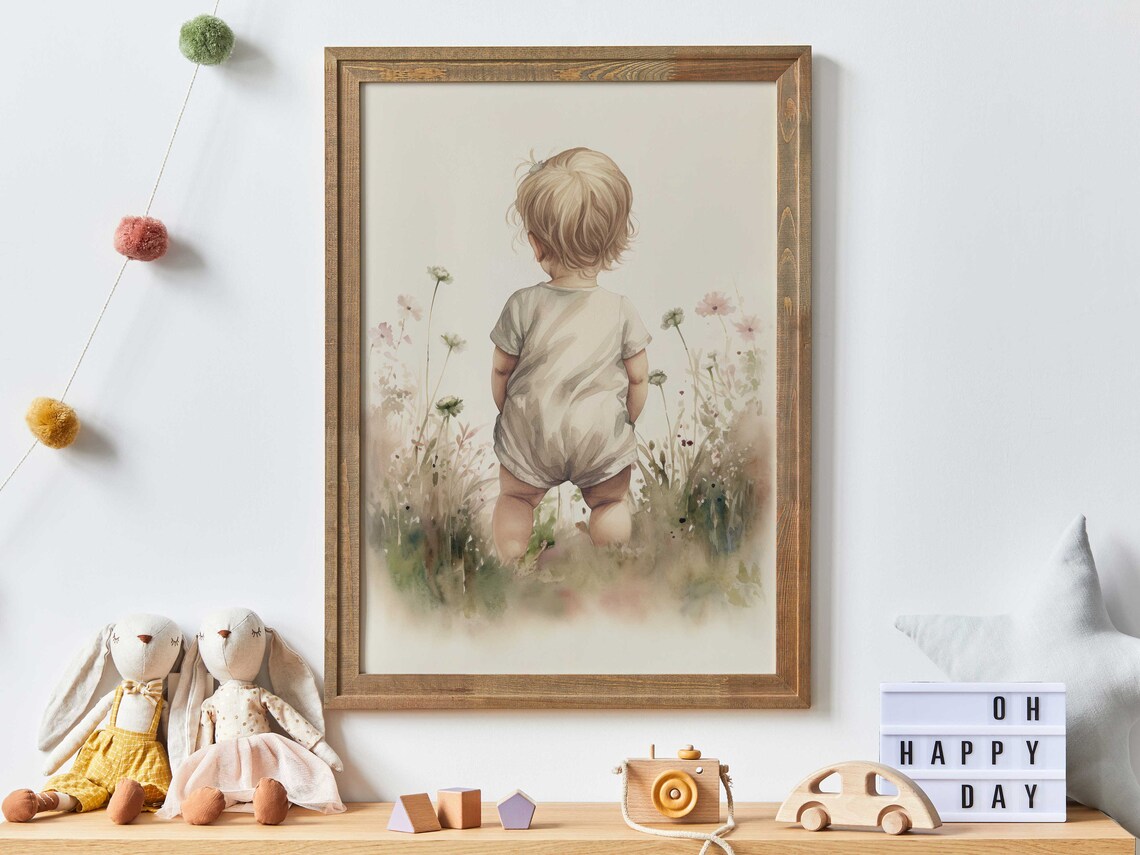 Baby Toddler In Wildflower Field Soft Watercolor Nursery Poster