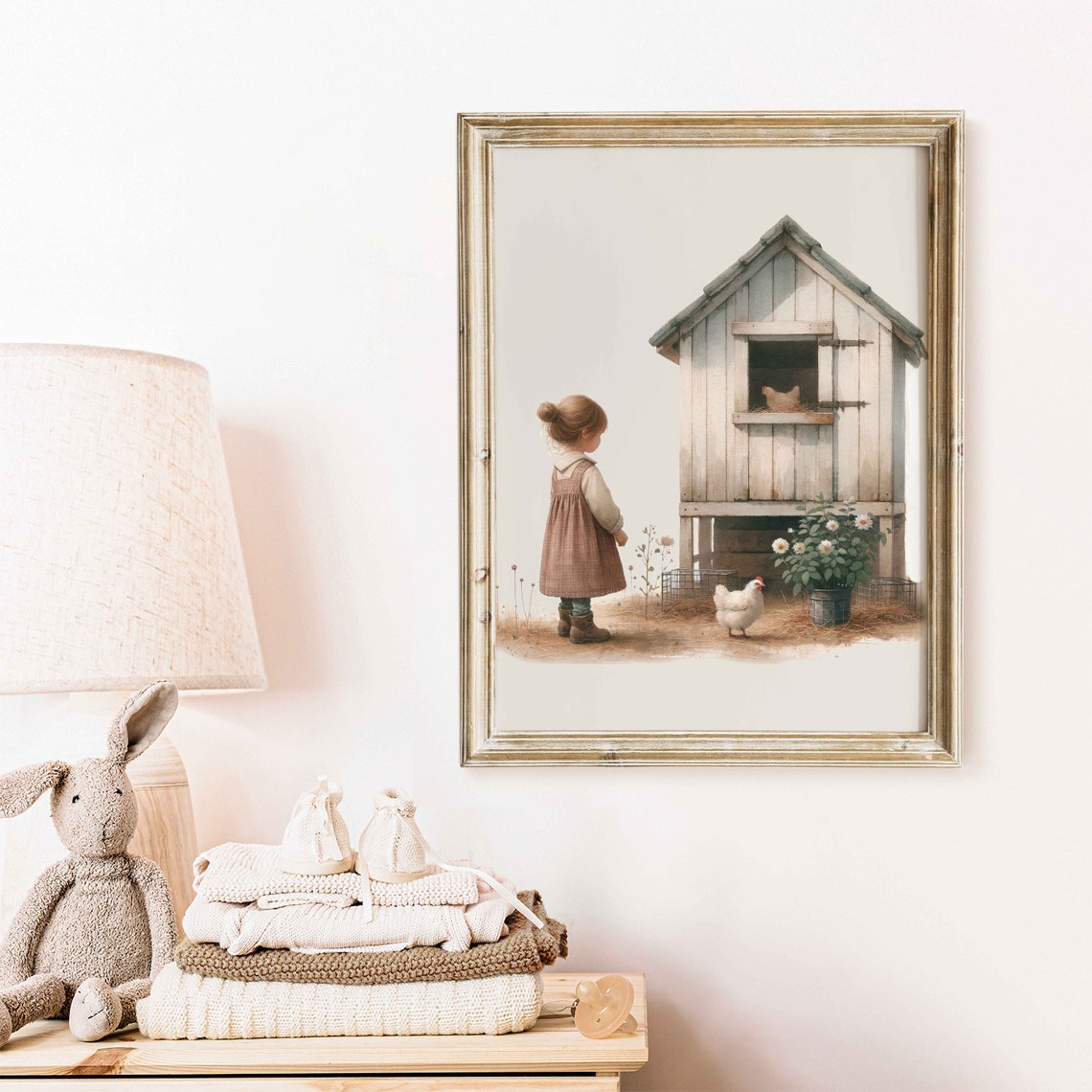 Little Girl Visiting Rustic Chicken Coop Farm Nursery Art Poster - Image 2