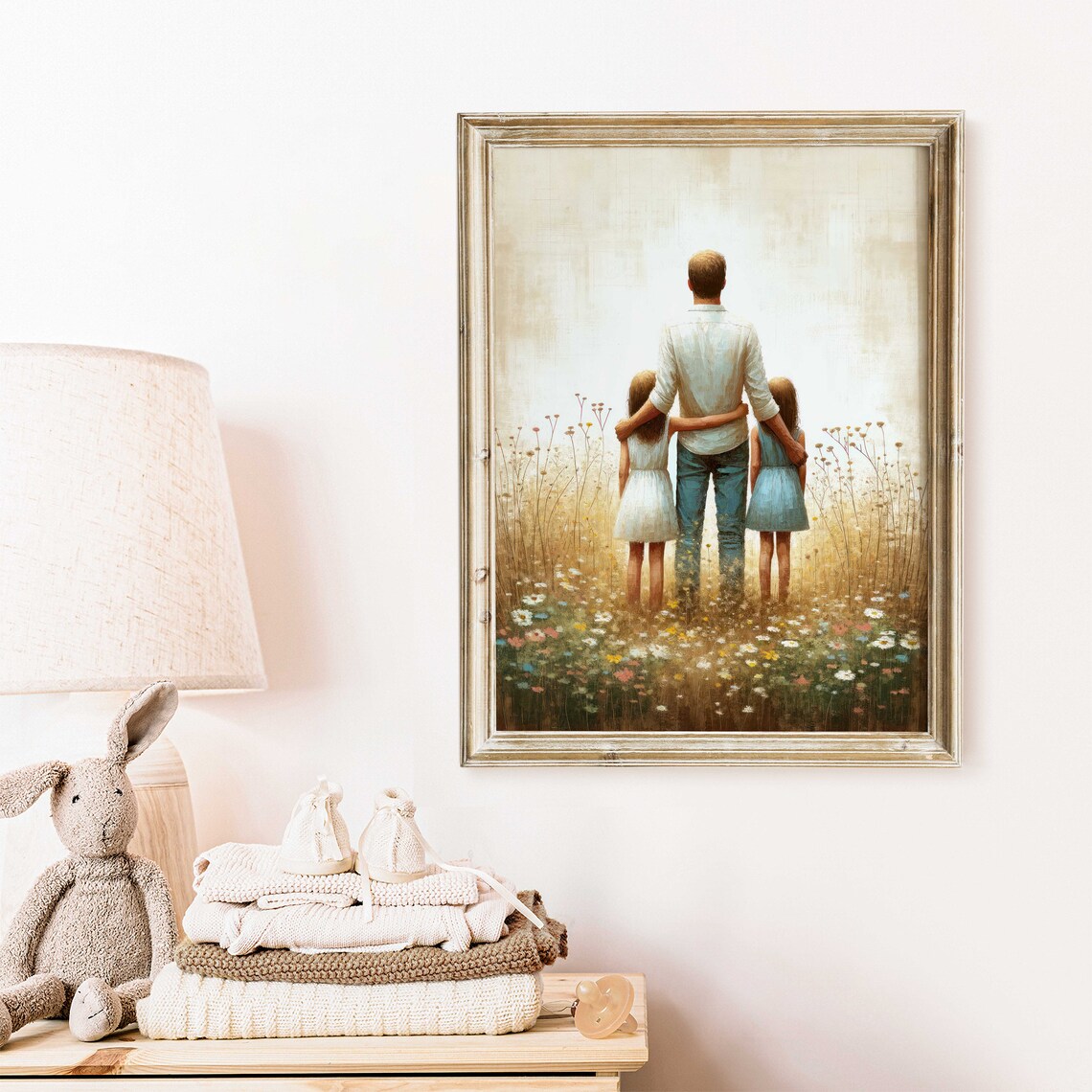 Dad with Two Daughters in Wildflower Field Tender Family Love Poster - Image 2