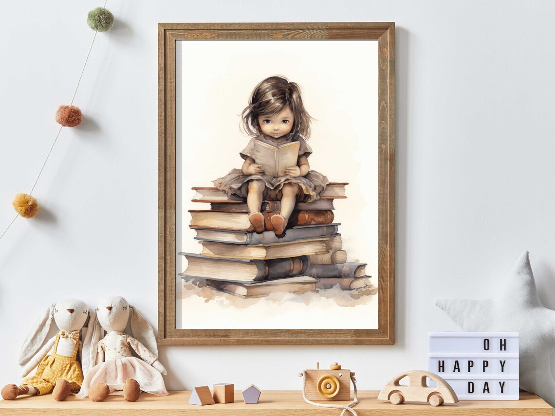 Little Girl Reading Books Poster Sweet Watercolor Nursery Library Decor