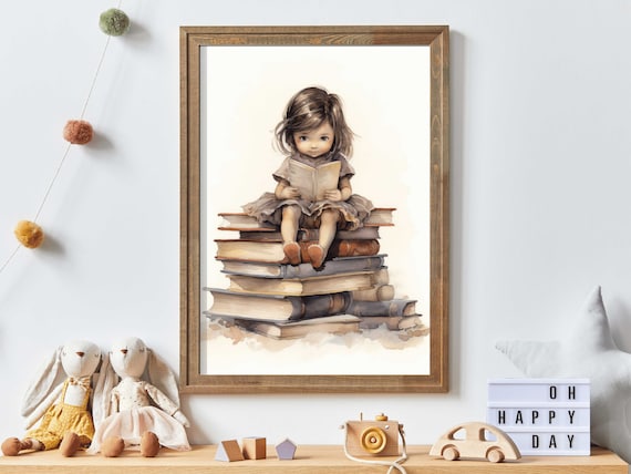 Little Girl Reading Books Poster Sweet Watercolor Nursery Library Decor
