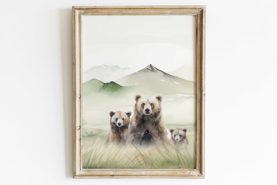 Watercolor Bear Mother and Cubs in Misty Mountain Meadow Poster