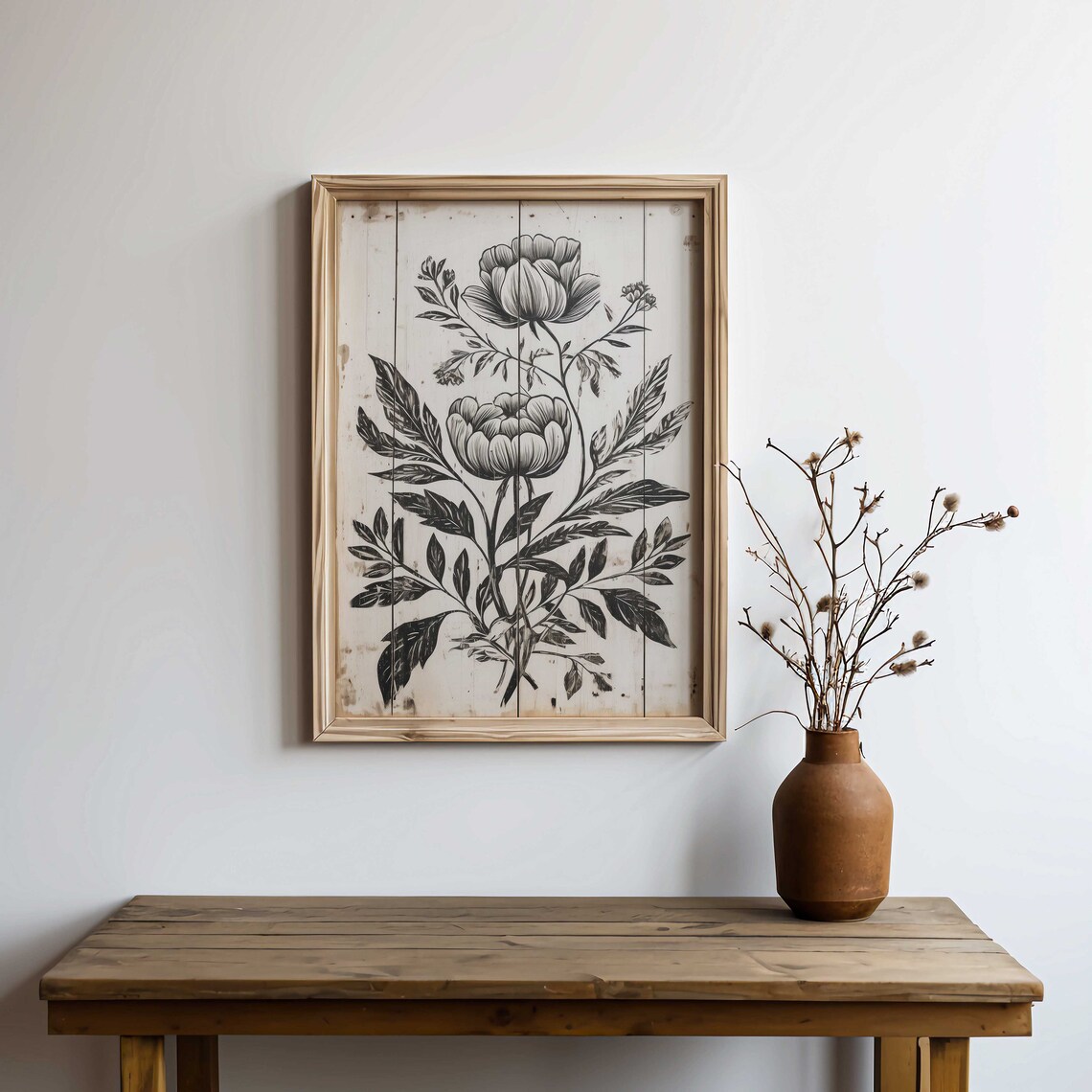 Black Ink Peonies on a Whitewashed Wood Vintage Floral Poster - Image 2