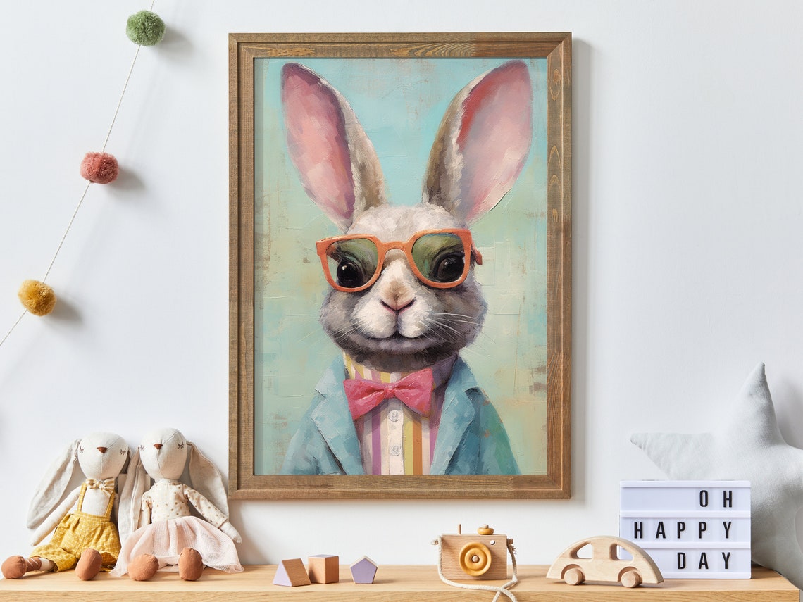 Dapper Bunny Wearing Orange Sunglasses and Pink Bow Tie Poster