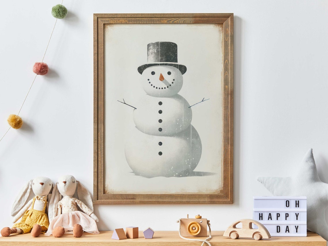 Vintage Snowman With Black Top Hat Christmas Nursery Art Poster