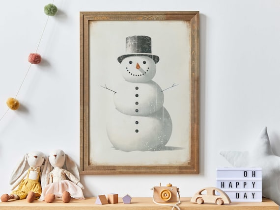 Vintage Snowman With Black Top Hat Christmas Nursery Art Poster