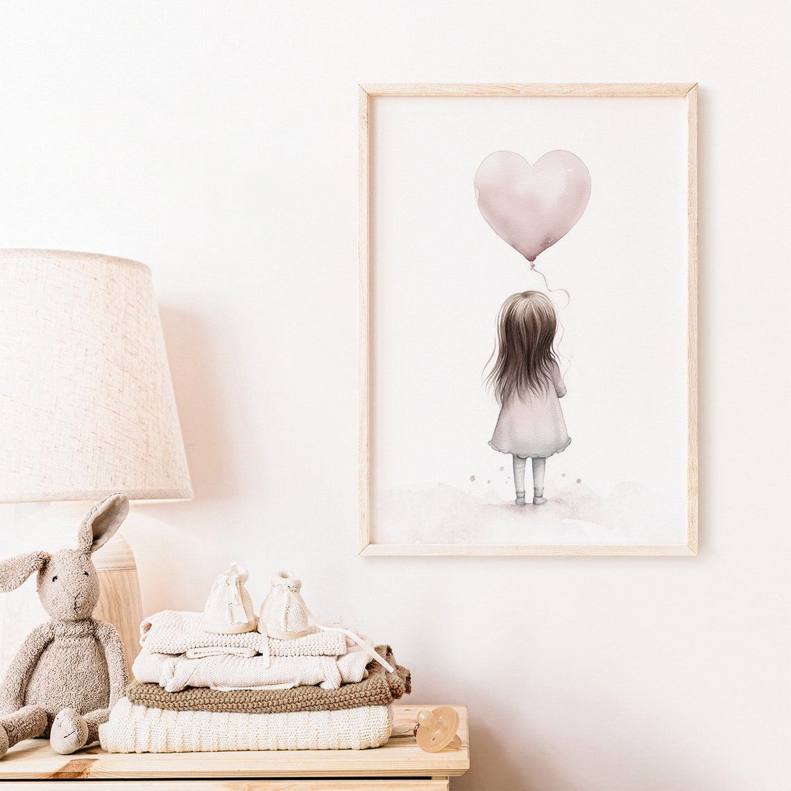 Little Girl Holding a Pink Heart Balloon Sweet Nursery Wall Poster - Image 2