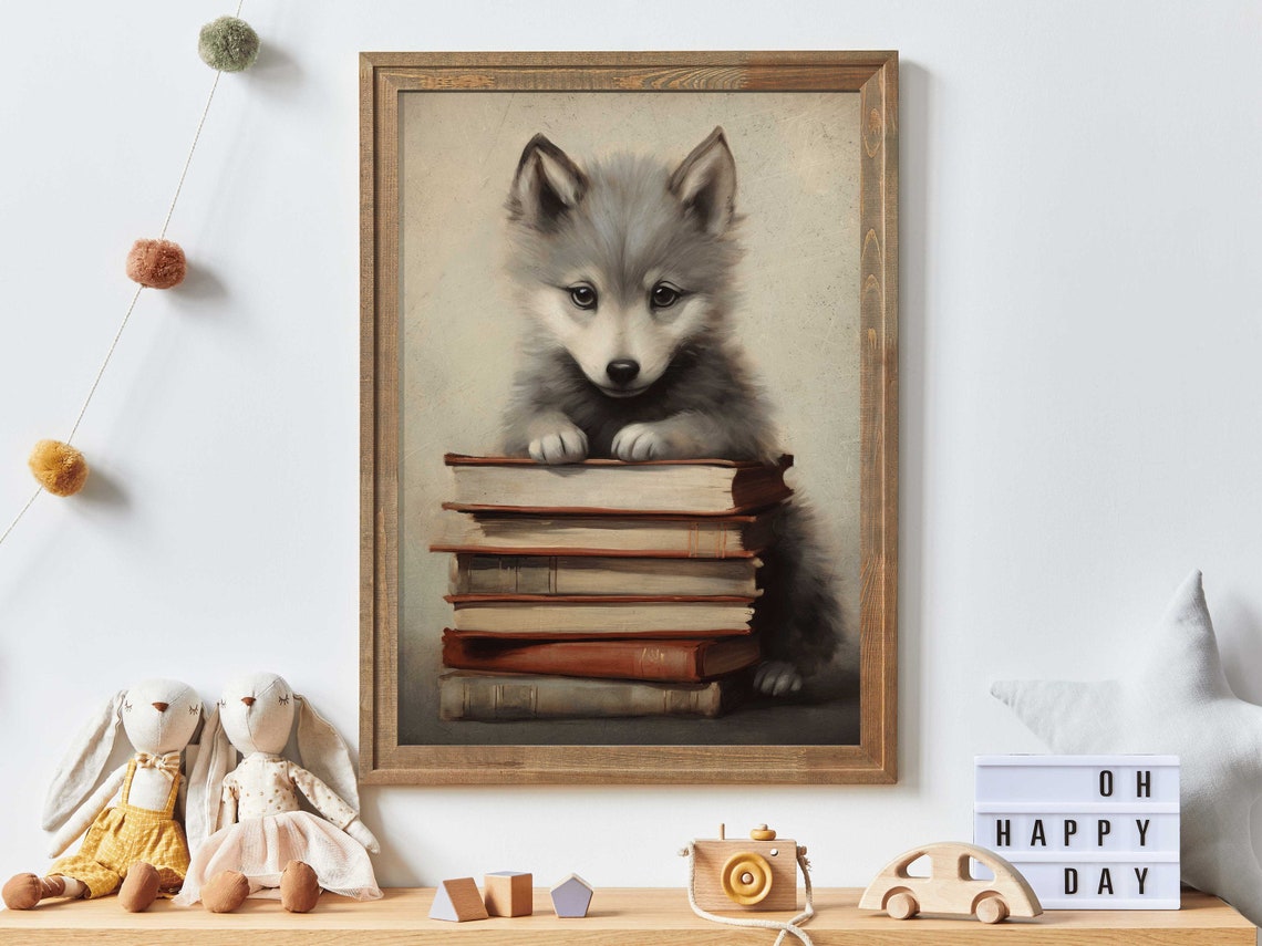Gray Wolf Cub Leaning on Stack of Books Kids Reading Corner Poster