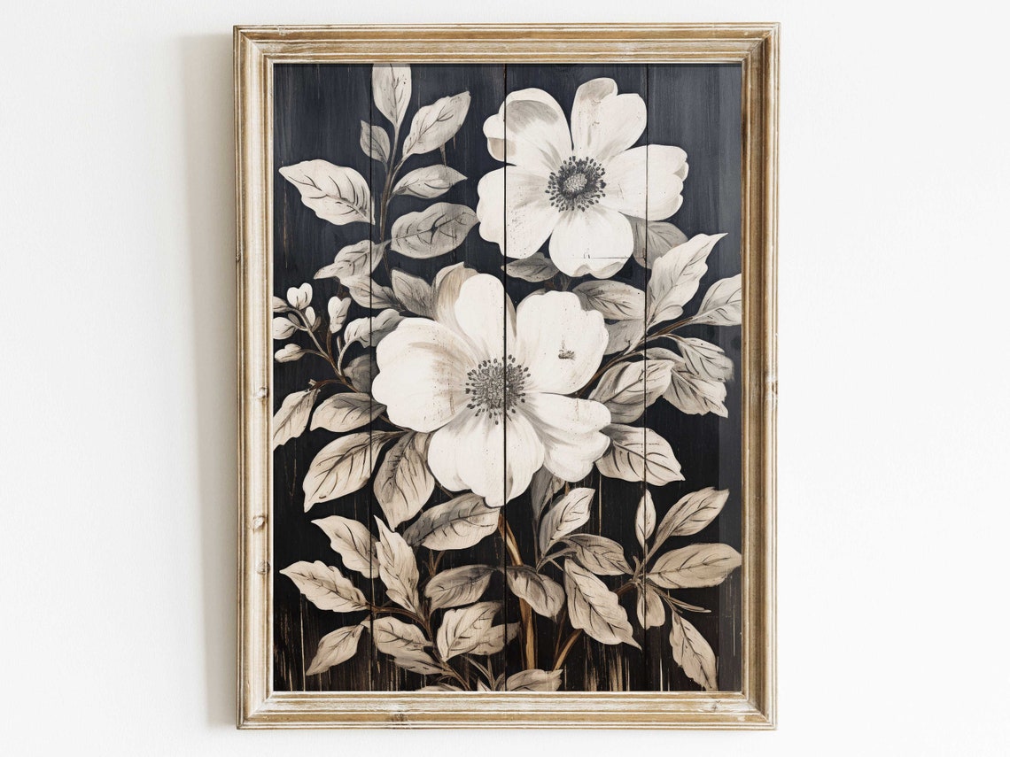 Two White Anemone Flowers on Black Wood Rustic Vintage Art Poster