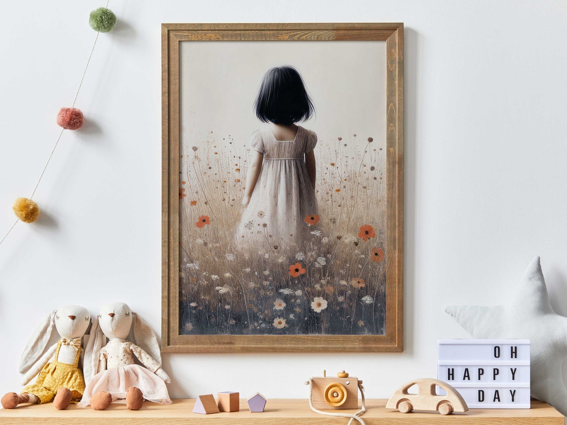 Little Girl in Wildflower Field Muted Vintage Nursery Poster