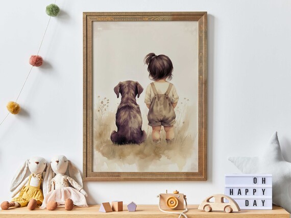Little Toddler Girl and Puppy Best Friends in Meadow Nursery Poster