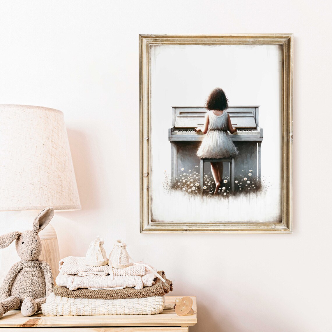 Little Girl Playing Piano in a Field of Flowers Nursery Poster - Image 2