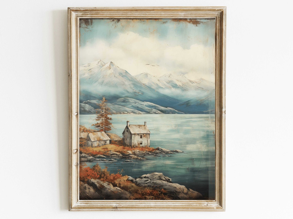 Rustic Cabins By A Mountain Lake With Snowy Peaks Landscape Poster